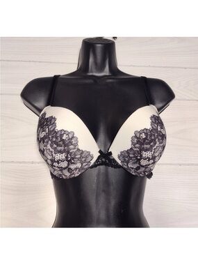 Victoria's Secret Black Lace Overlay on Cream Push-Up Bra